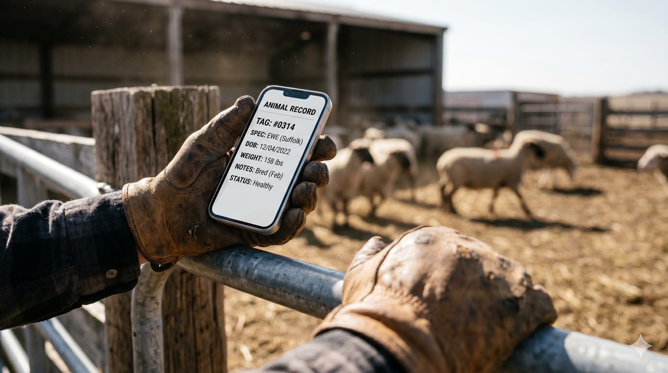 A gloved hand holds a phone showing an animal record at a livestock pen rail; sheep beyond the rail.